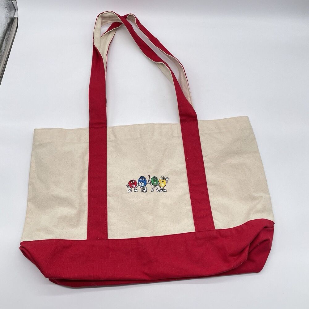 Vintage M&M’s Canvas Tote Bag Red Trim Embroidered Characters 18x13x6